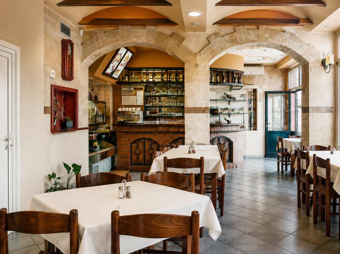 Restoran i večernji bar u Hotelu Kamel s kamenim lukovima, postavljenim stolovima i barskim pultom